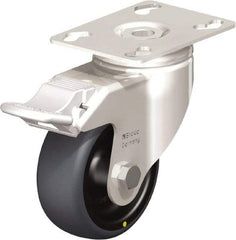 Blickle - 3" Diam x 1-1/4" Wide x 4-3/8" OAH Top Plate Mount Swivel Caster with Brake - Thermoplastic Rubber Elastomer (TPE), 143 Lb Capacity, Plain Bore Bearing, 3-9/16 x 2-5/8" Plate - Apex Tool & Supply