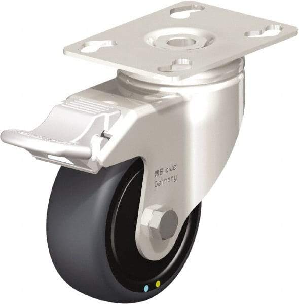 Blickle - 3" Diam x 1-1/4" Wide x 4-3/8" OAH Top Plate Mount Swivel Caster with Brake - Thermoplastic Rubber Elastomer (TPE), 143 Lb Capacity, Ball Bearing, 3-9/16 x 2-5/8" Plate - Apex Tool & Supply