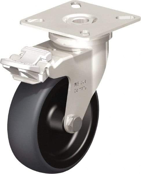 Blickle - 3" Diam x 63/64" Wide x 3-15/16" OAH Top Plate Mount Swivel Caster with Brake - Thermoplastic Rubber Elastomer (TPE), 165 Lb Capacity, Plain Bore Bearing, 2-3/8 x 2-3/8" Plate - Apex Tool & Supply