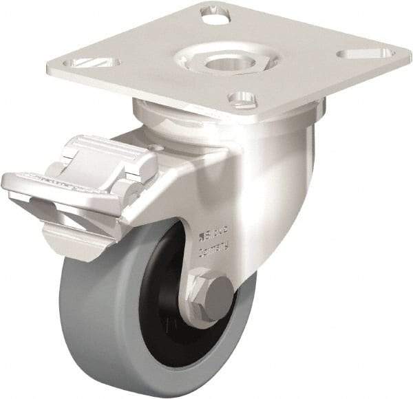 Blickle - 2" Diam x 45/64" Wide x 2-51/64" OAH Top Plate Mount Swivel Caster with Brake - Solid Rubber, 88 Lb Capacity, Plain Bore Bearing, 2-3/8 x 2-3/8" Plate - Apex Tool & Supply