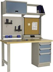 Rousseau Metal - 3 Drawer, 2 Shelf Workstation - 2,750 Lb Capacity, Wood Top, Everest Blue, 60" Wide x 80" High x 30" Long - Apex Tool & Supply