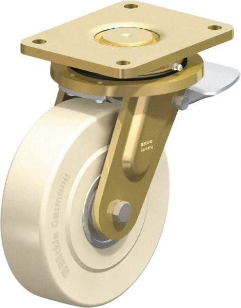 Blickle - 8" Diam x 2-5/32" Wide x 10-1/32" OAH Top Plate Mount Swivel Caster with Brake - Impact-Resistant Cast Nylon, 6,600 Lb Capacity, Ball Bearing, 6-7/8 x 5-1/2" Plate - Apex Tool & Supply