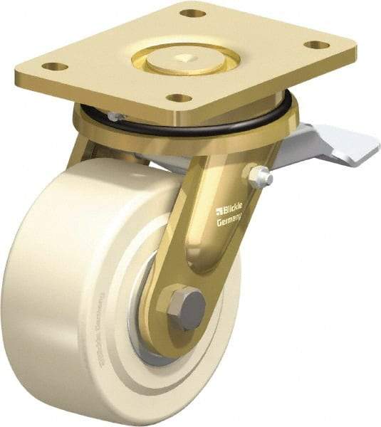 Blickle - 5" Diam x 2-5/32" Wide x 6-11/16" OAH Top Plate Mount Swivel Caster with Brake - Impact-Resistant Cast Nylon, 3,850 Lb Capacity, Ball Bearing, 5-1/2 x 4-3/8" Plate - Apex Tool & Supply
