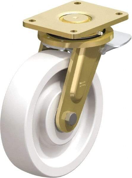 Blickle - 10" Diam x 2-9/16" Wide x 12" OAH Top Plate Mount Swivel Caster with Brake - Impact-Resistant Nylon, 4,400 Lb Capacity, Ball Bearing, 6-7/8 x 5-1/2" Plate - Apex Tool & Supply
