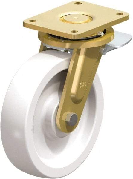 Blickle - 10" Diam x 2-9/16" Wide x 12" OAH Top Plate Mount Swivel Caster with Brake - Impact-Resistant Nylon, 4,400 Lb Capacity, Plain Bore Bearing, 6-7/8 x 5-1/2" Plate - Apex Tool & Supply