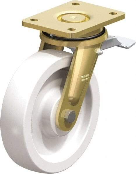 Blickle - 8" Diam x 1-31/32" Wide x 9-41/64" OAH Top Plate Mount Swivel Caster with Brake - Impact-Resistant Nylon, 3,300 Lb Capacity, Plain Bore Bearing, 5-1/2 x 4-3/8" Plate - Apex Tool & Supply