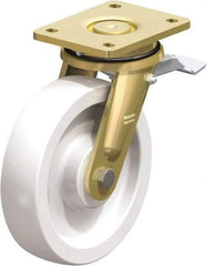 Blickle - 8" Diam x 1-31/32" Wide x 9-41/64" OAH Top Plate Mount Swivel Caster with Brake - Impact-Resistant Nylon, 3,300 Lb Capacity, Plain Bore Bearing, 5-1/2 x 4-3/8" Plate - Apex Tool & Supply