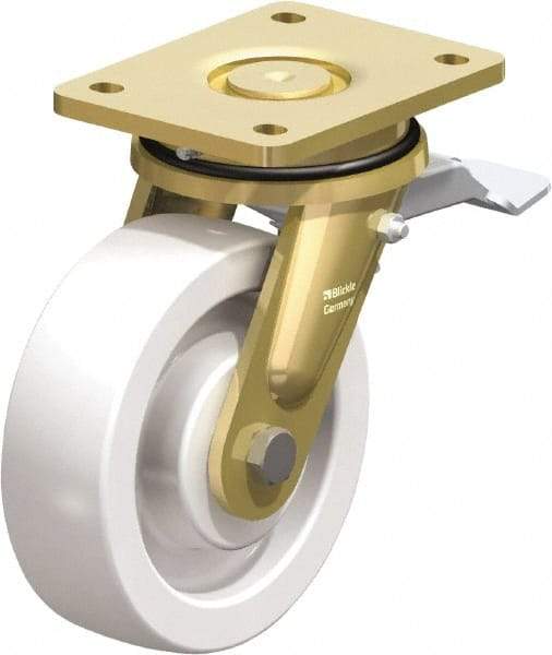 Blickle - 6-1/2" Diam x 1-31/32" Wide x 8-1/16" OAH Top Plate Mount Swivel Caster with Brake - Impact-Resistant Nylon, 1,870 Lb Capacity, Ball Bearing, 5-1/2 x 4-3/8" Plate - Apex Tool & Supply