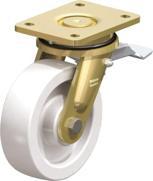 Blickle - 6-1/2" Diam x 1-31/32" Wide x 8-1/16" OAH Top Plate Mount Swivel Caster with Brake - Impact-Resistant Nylon, 1,870 Lb Capacity, Plain Bore Bearing, 5-1/2 x 4-3/8" Plate - Apex Tool & Supply