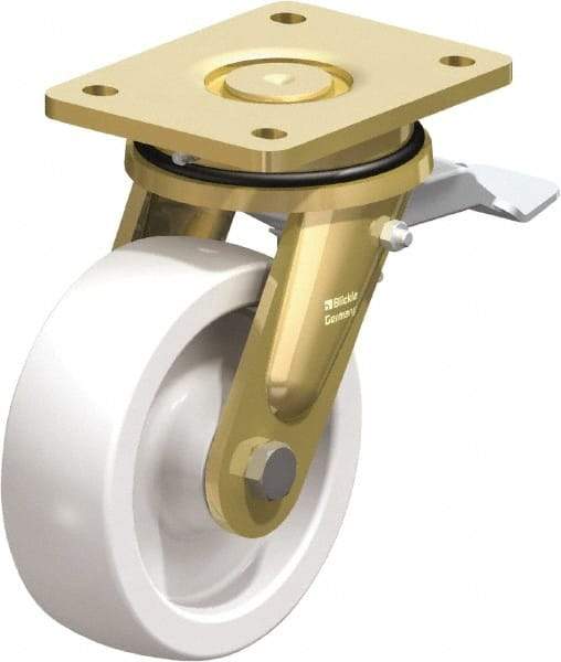 Blickle - 6" Diam x 1-31/32" Wide x 7-7/8" OAH Top Plate Mount Swivel Caster with Brake - Impact-Resistant Nylon, 1,760 Lb Capacity, Plain Bore Bearing, 5-1/2 x 4-3/8" Plate - Apex Tool & Supply
