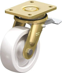 Blickle - 6" Diam x 1-31/32" Wide x 7-7/8" OAH Top Plate Mount Swivel Caster with Brake - Impact-Resistant Nylon, 1,760 Lb Capacity, Plain Bore Bearing, 5-1/2 x 4-3/8" Plate - Apex Tool & Supply