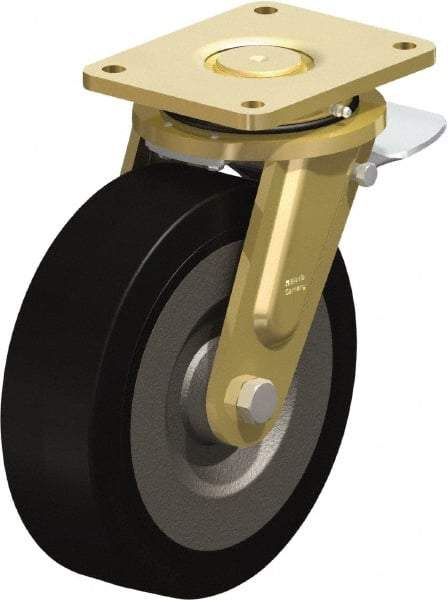 Blickle - 10" Diam x 3-9/64" Wide x 12" OAH Top Plate Mount Swivel Caster with Brake - Solid Rubber, 2,200 Lb Capacity, Ball Bearing, 6-7/8 x 5-1/2" Plate - Apex Tool & Supply