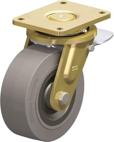 Blickle - 8" Diam x 3-9/64" Wide x 10-1/32" OAH Top Plate Mount Swivel Caster with Brake - Solid Rubber, 1,870 Lb Capacity, Ball Bearing, 6-7/8 x 5-1/2" Plate - Apex Tool & Supply