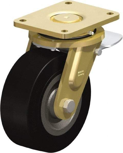 Blickle - 8" Diam x 3-9/64" Wide x 10-1/32" OAH Top Plate Mount Swivel Caster with Brake - Solid Rubber, 1,870 Lb Capacity, Ball Bearing, 6-7/8 x 5-1/2" Plate - Apex Tool & Supply
