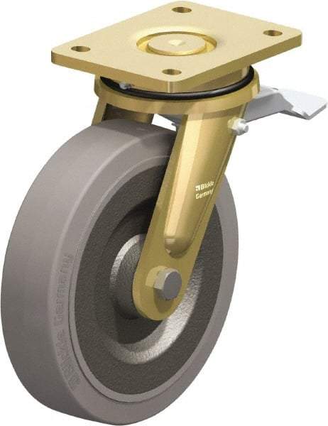 Blickle - 8" Diam x 1-31/32" Wide x 9-41/64" OAH Top Plate Mount Swivel Caster with Brake - Solid Rubber, 1,320 Lb Capacity, Ball Bearing, 5-1/2 x 4-3/8" Plate - Apex Tool & Supply