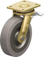 Blickle - 8" Diam x 1-31/32" Wide x 9-41/64" OAH Top Plate Mount Swivel Caster with Brake - Solid Rubber, 1,320 Lb Capacity, Ball Bearing, 5-1/2 x 4-3/8" Plate - Apex Tool & Supply