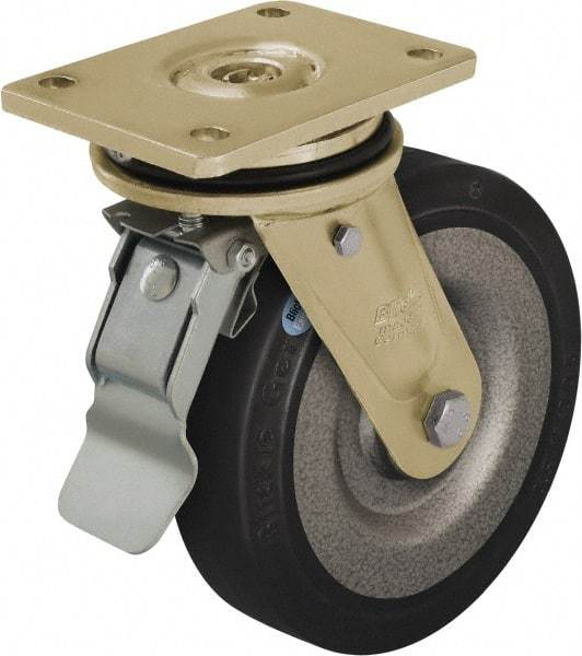 Blickle - 8" Diam x 1-31/32" Wide x 9-41/64" OAH Top Plate Mount Swivel Caster with Brake - Solid Rubber, 1,320 Lb Capacity, Ball Bearing, 5-1/2 x 4-3/8" Plate - Apex Tool & Supply