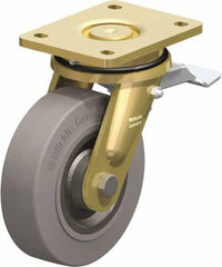 Blickle - 6-1/2" Diam x 1-31/32" Wide x 8-1/16" OAH Top Plate Mount Swivel Caster with Brake - Solid Rubber, 990 Lb Capacity, Ball Bearing, 5-1/2 x 4-3/8" Plate - Apex Tool & Supply