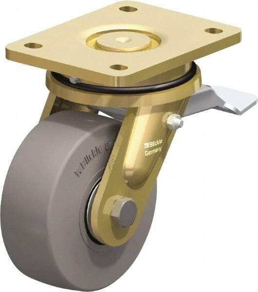 Blickle - 5" Diam x 1-31/32" Wide x 6-11/16" OAH Top Plate Mount Swivel Caster with Brake - Solid Rubber, 704 Lb Capacity, Ball Bearing, 5-1/2 x 4-3/8" Plate - Apex Tool & Supply