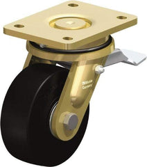 Blickle - 5" Diam x 1-31/32" Wide x 6-11/16" OAH Top Plate Mount Swivel Caster with Brake - Solid Rubber, 704 Lb Capacity, Ball Bearing, 5-1/2 x 4-3/8" Plate - Apex Tool & Supply