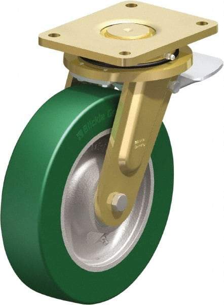 Blickle - 10" Diam x 2-23/64" Wide x 12" OAH Top Plate Mount Swivel Caster with Brake - Polyurethane-Elastomer Blickle Softhane, 2,640 Lb Capacity, Ball Bearing, 6-7/8 x 5-1/2" Plate - Apex Tool & Supply