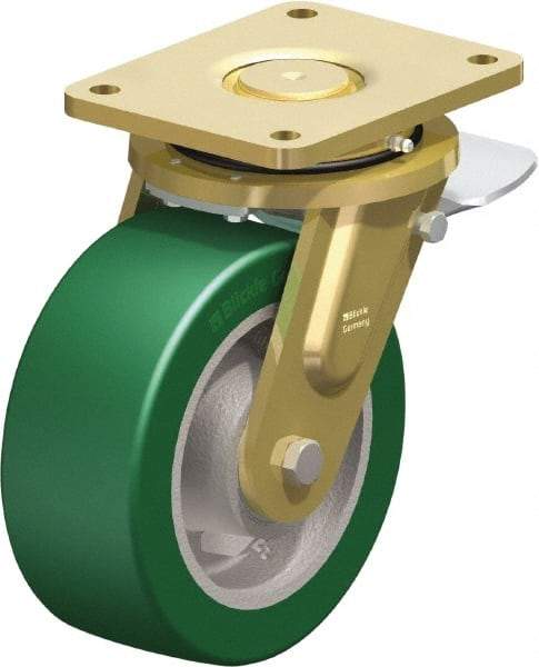 Blickle - 8" Diam x 3-9/64" Wide x 10-1/32" OAH Top Plate Mount Swivel Caster with Brake - Polyurethane-Elastomer Blickle Softhane, 2,640 Lb Capacity, Ball Bearing, 6-7/8 x 5-1/2" Plate - Apex Tool & Supply