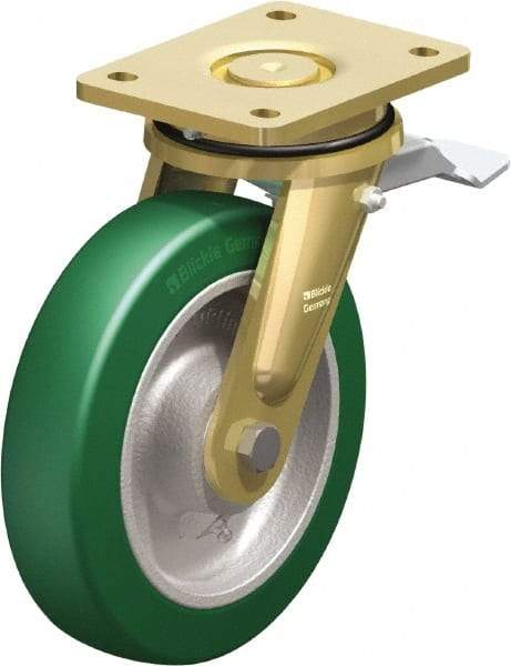 Blickle - 8" Diam x 1-31/32" Wide x 9-41/64" OAH Top Plate Mount Swivel Caster with Brake - Polyurethane-Elastomer Blickle Softhane, 1,760 Lb Capacity, Ball Bearing, 5-1/2 x 4-3/8" Plate - Apex Tool & Supply