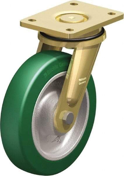 Blickle - 8" Diam x 1-31/32" Wide x 9-41/64" OAH Top Plate Mount Swivel Caster - Polyurethane-Elastomer Blickle Softhane, 1,760 Lb Capacity, Ball Bearing, 5-1/2 x 4-3/8" Plate - Apex Tool & Supply
