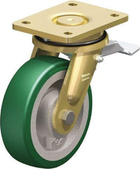 Blickle - 6-1/2" Diam x 1-31/32" Wide x 8-5/64" OAH Top Plate Mount Swivel Caster with Brake - Polyurethane-Elastomer Blickle Softhane, 1,320 Lb Capacity, Ball Bearing, 5-1/2 x 4-3/8" Plate - Apex Tool & Supply