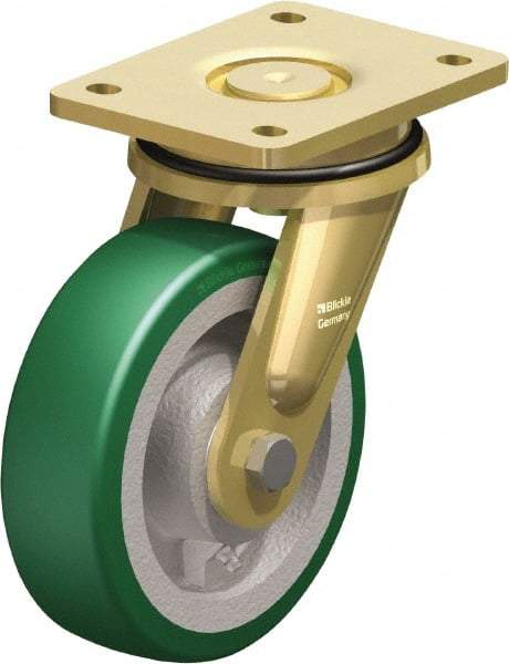 Blickle - 6-1/2" Diam x 1-31/32" Wide x 8-5/64" OAH Top Plate Mount Swivel Caster - Polyurethane-Elastomer Blickle Softhane, 1,320 Lb Capacity, Ball Bearing, 5-1/2 x 4-3/8" Plate - Apex Tool & Supply