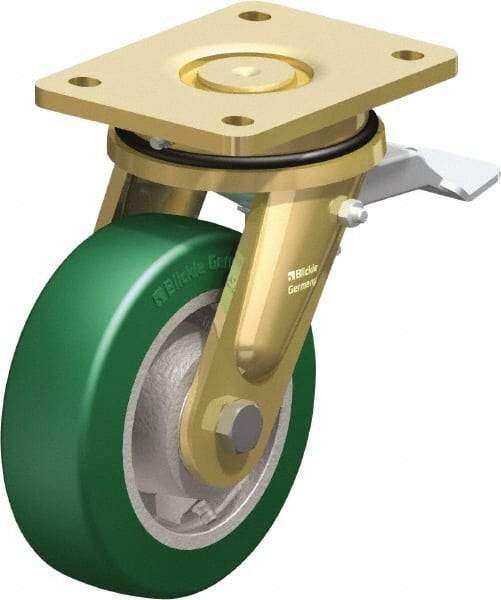 Blickle - 6" Diam x 1-31/32" Wide x 7-7/8" OAH Top Plate Mount Swivel Caster with Brake - Polyurethane-Elastomer Blickle Softhane, 1,210 Lb Capacity, Ball Bearing, 5-1/2 x 4-3/8" Plate - Apex Tool & Supply
