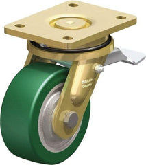 Blickle - 5" Diam x 1-31/32" Wide x 6-11/16" OAH Top Plate Mount Swivel Caster with Brake - Polyurethane-Elastomer Blickle Softhane, 990 Lb Capacity, Ball Bearing, 5-1/2 x 4-3/8" Plate - Apex Tool & Supply