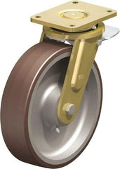Blickle - 12" Diam x 3-9/64" Wide x 13-31/32" OAH Top Plate Mount Swivel Caster with Brake - Polyurethane-Elastomer Blickle Besthane, 5,280 Lb Capacity, Ball Bearing, 6-7/8 x 5-1/2" Plate - Apex Tool & Supply