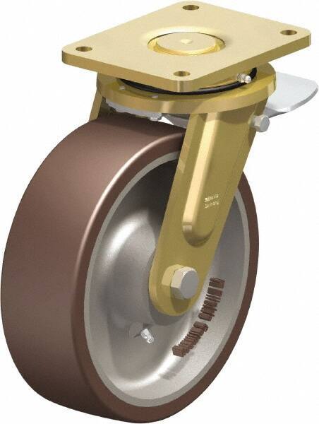 Blickle - 10" Diam x 3-9/64" Wide x 12" OAH Top Plate Mount Swivel Caster with Brake - Polyurethane-Elastomer Blickle Besthane, 3,960 Lb Capacity, Ball Bearing, 6-7/8 x 5-1/2" Plate - Apex Tool & Supply