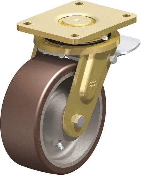 Blickle - 8" Diam x 3-9/64" Wide x 10-1/32" OAH Top Plate Mount Swivel Caster with Brake - Polyurethane-Elastomer Blickle Besthane, 3,520 Lb Capacity, Ball Bearing, 6-7/8 x 5-1/2" Plate - Apex Tool & Supply