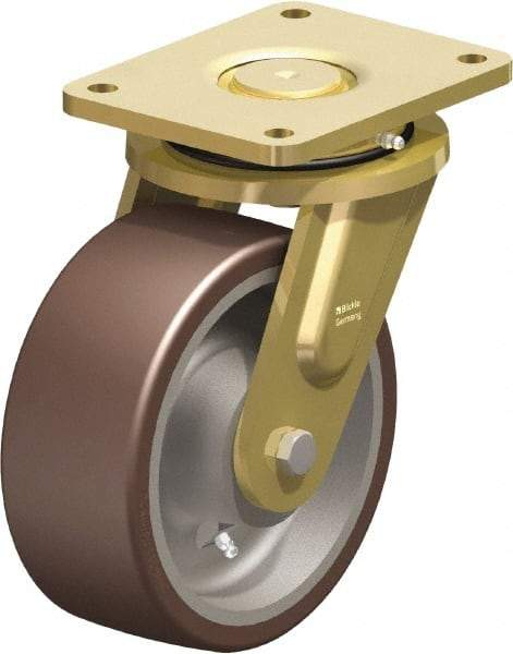 Blickle - 8" Diam x 3-9/64" Wide x 10-1/32" OAH Top Plate Mount Swivel Caster - Polyurethane-Elastomer Blickle Besthane, 3,520 Lb Capacity, Ball Bearing, 6-7/8 x 5-1/2" Plate - Apex Tool & Supply