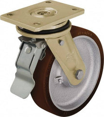 Blickle - 10" Diam x 2-23/64" Wide x 12" OAH Top Plate Mount Swivel Caster with Brake - Polyurethane-Elastomer Blickle Besthane, 3,300 Lb Capacity, Ball Bearing, 6-7/8 x 5-1/2" Plate - Apex Tool & Supply