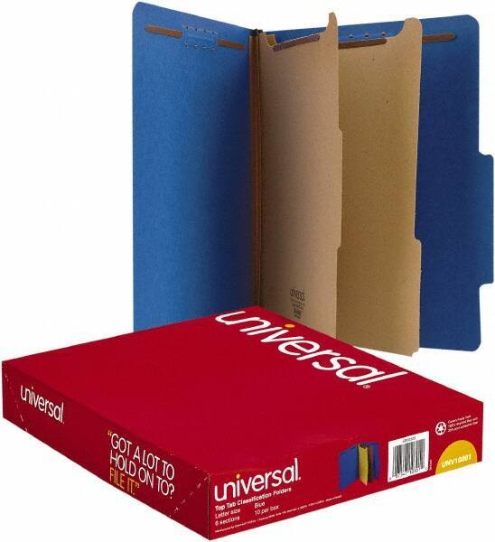 UNIVERSAL - 8-1/2 x 11", Letter Size, Cobalt Blue, Classification Folders with Top Tab Fastener - 25 Point Stock, Right of Center Tab Cut Location - Apex Tool & Supply