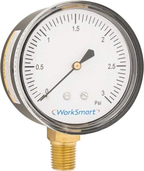 Value Collection - 2-1/2" Dial, 1/4 Thread, 0-3 Scale Range, Pressure Gauge - Lower Connection Mount, Accurate to 1.5% of Scale - Apex Tool & Supply