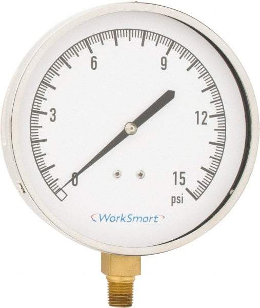 Value Collection - 4-1/2" Dial, 1/4 Thread, 0-15 Scale Range, Pressure Gauge - Lower Connection Mount, Accurate to 0.01% of Scale - Apex Tool & Supply