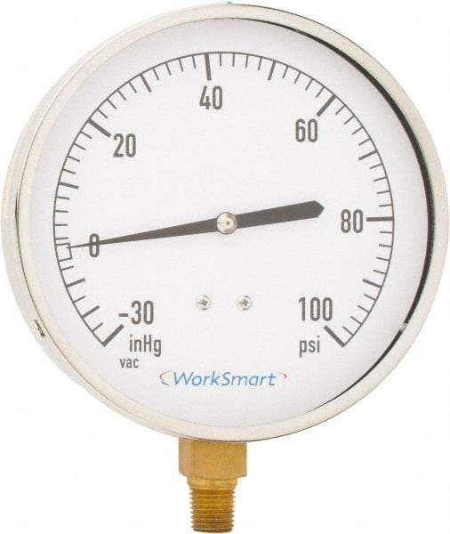 Value Collection - 4-1/2" Dial, 1/4 Thread, 30-0-100 Scale Range, Pressure Gauge - Lower Connection Mount, Accurate to 0.01% of Scale - Apex Tool & Supply