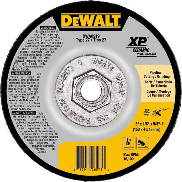 DeWALT - 24 Grit, 6" Wheel Diam, Type 27 Depressed Center Wheel - Coarse/Medium Grade, Ceramic, N Hardness, 10,100 Max RPM - Apex Tool & Supply