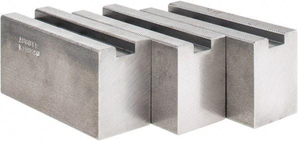 Abbott Workholding Products - 1.5mm x 60° Serrated Attachment, Square Soft Lathe Chuck Jaw - 3 Jaws, Steel, 63/64" Btw Mount Hole Ctrs, 4" Long x 1-1/2" Wide x 2" High, 0.5512" Groove, 0.4724" & 12mm Fastener - Apex Tool & Supply