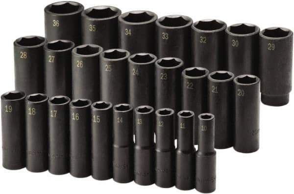 SK - 26 Piece 1/2" Drive Deep Impact Socket Set - 6 Points, 10 to 36mm, Metric Measurement Standard - Apex Tool & Supply