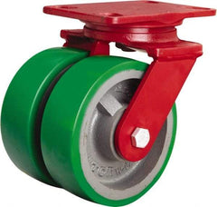 Hamilton - 6" Diam x 2" Wide x 7-3/4" OAH Top Plate Mount Swivel Caster - Polyurethane Mold onto Cast Iron Center, 2,400 Lb Capacity, Sealed Precision Ball Bearing, 4-1/2 x 6-1/2" Plate - Apex Tool & Supply