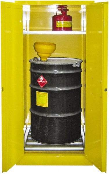 Securall Cabinets - 31" Wide x 31" Deep x 65" High, 18 Gauge Steel Vertical Drum Cabinet with 3 Point Key Lock - Yellow, Manual Closing Door, 1 Shelf, 1 Drum, Drum Rollers Included - Apex Tool & Supply