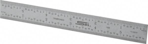 SPI - 6" Long, 1/100, 1/64, 1/50, 1/32" Graduation, Rigid Steel Rule - 16R Graduation Style, 3/4" Wide, Silver, Satin Chrome Finish - Apex Tool & Supply