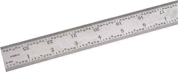 SPI - 24" Long, 1/64, 1/32, 1/16, 1/8" Graduation, Rigid Steel Rule - 4R Graduation Style, 1-1/8" Wide, Silver, Satin Chrome Finish - Apex Tool & Supply