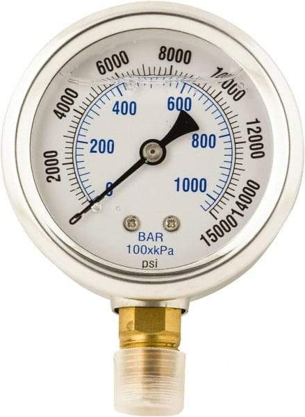 Value Collection - 0 to 15,000 Scale Range Pressure Liquid Filled Gauge - 1.5% of Scale Accuracy - Apex Tool & Supply