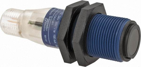 Telemecanique Sensors - 4 Pin M12 Connector, 15m Nominal Distance, Shock and Vibration Resistant, Through Beam Photoelectric Sensor - 12 to 24 VDC, 500 Hz, PBT, 2.36 Inch Long x 0.71 Inch Wide - Apex Tool & Supply